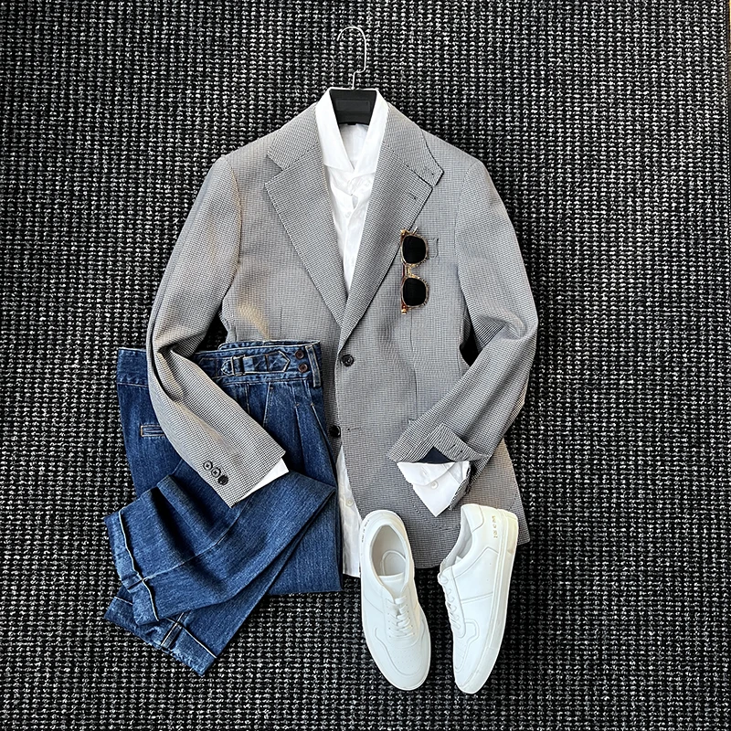 CssuGent高定复古千鸟格单排扣西服男士绅士休闲羊毛西装痞帅外套