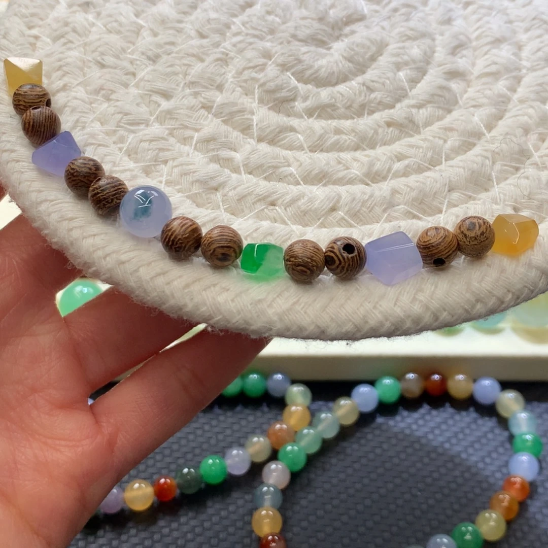 定制翡翠未镶嵌冰鲜随形+粉紫藤花圆珠 单圈搭配