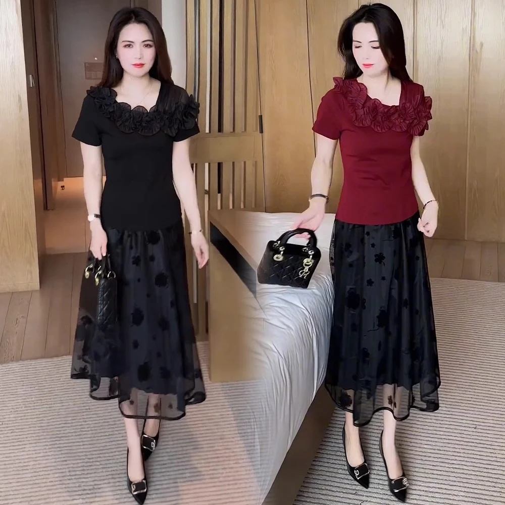 时尚连衣裙套装女2025夏季新款花朵木耳边小衫网纱半身裙两件套潮