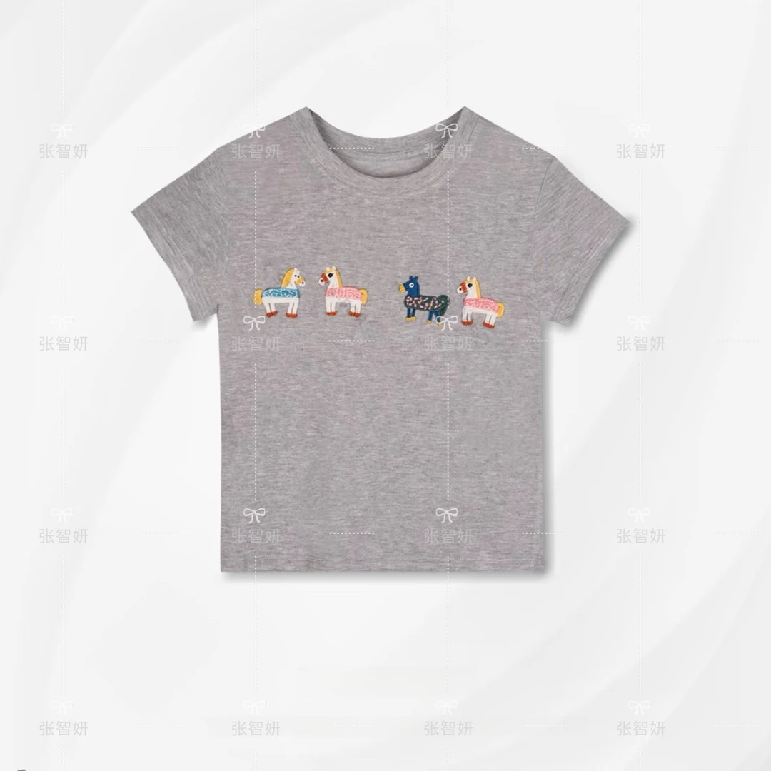 【趣味马】莱赛尔天丝正肩圆领刺绣短袖T恤休闲上衣