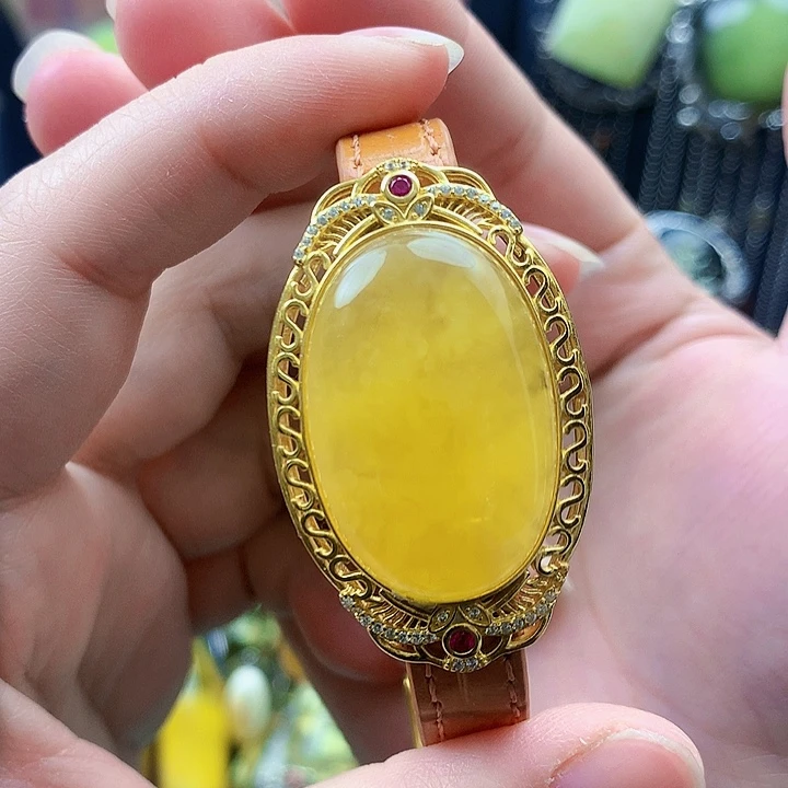 琥珀裸石银S925镶嵌手镯