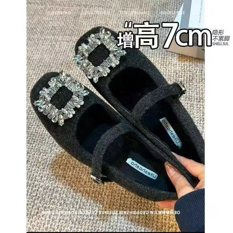 2025秋冬爆款7cm增高方头水钻内增高毛毛鞋加绒粗跟玛丽珍单鞋