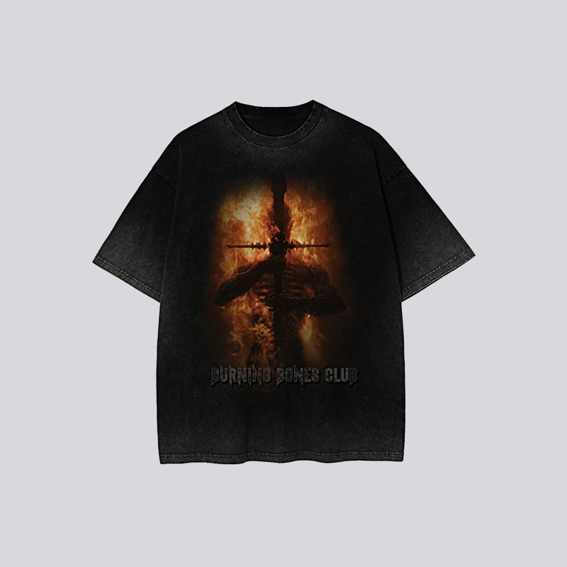 Burning Bones Club燃烧骨头俱乐部火焰短袖T恤美式圆领健身做旧