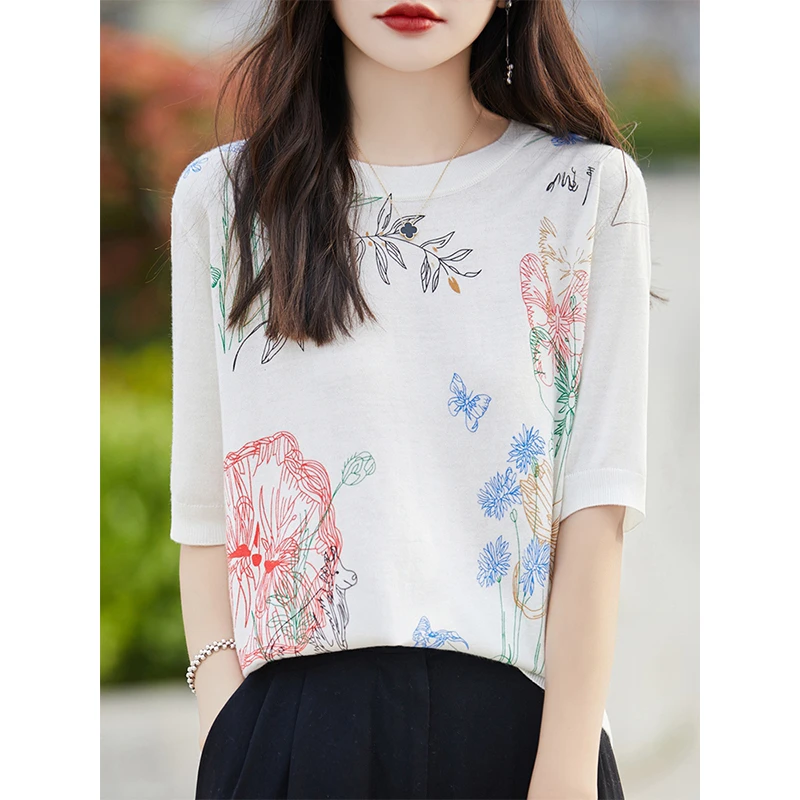 海棠花薄款圆领针织衫女小个子夏季印花短袖洋气时尚休闲气质上衣