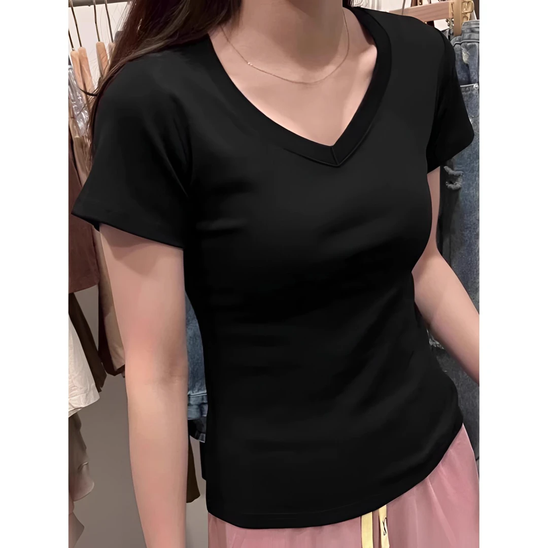 纯色v领正肩打底衫短袖t恤女夏季美式辣妹修身内搭显瘦显锁骨上衣