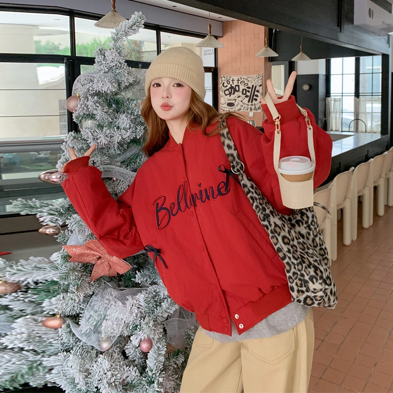 休闲风百搭红色棉服外套2025冬季新款韩系穿搭短款夹棉加厚棒球服
