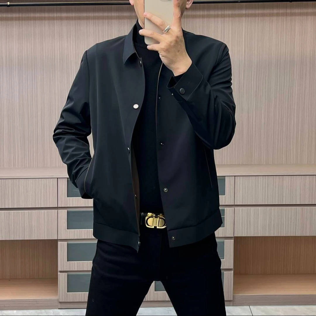 欧货商务休闲纯色时尚单排扣春秋季黑色夹克商务翻领上衣夹克外套