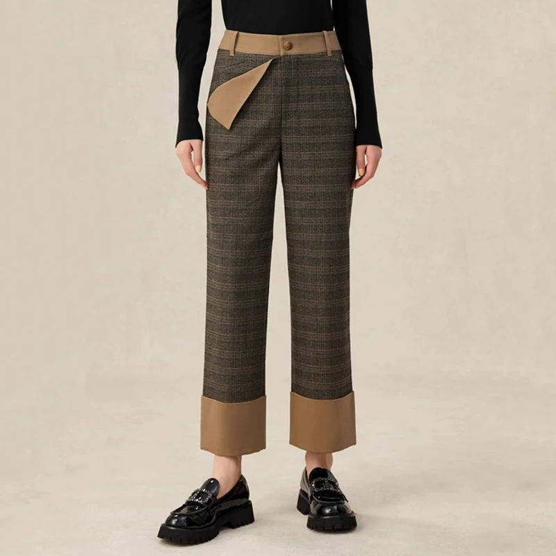 商场同款2025春秋季新款高腰直筒简约格纹拼色休闲裤子女5100407