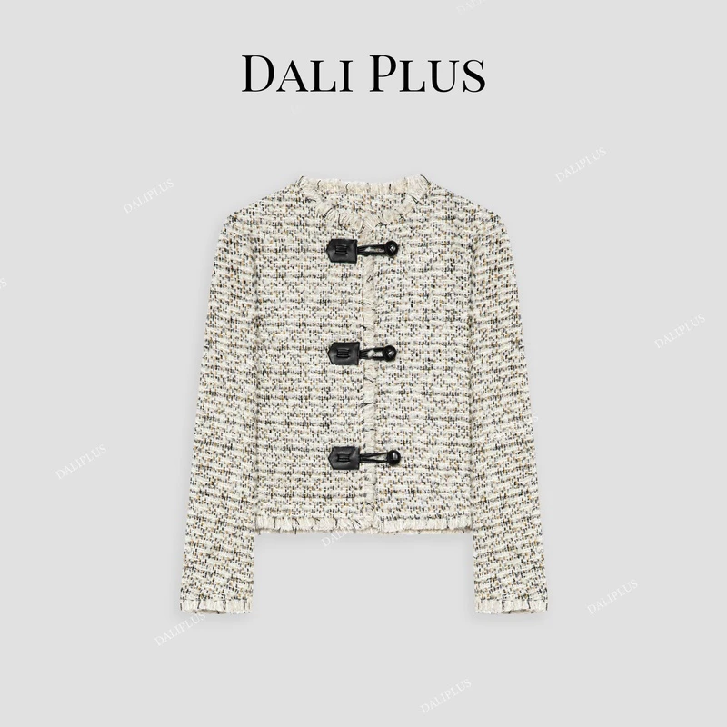 DALI PLUS时髦经典通勤气质拼真皮纽扣小香风粗花呢外套-D4TY0078