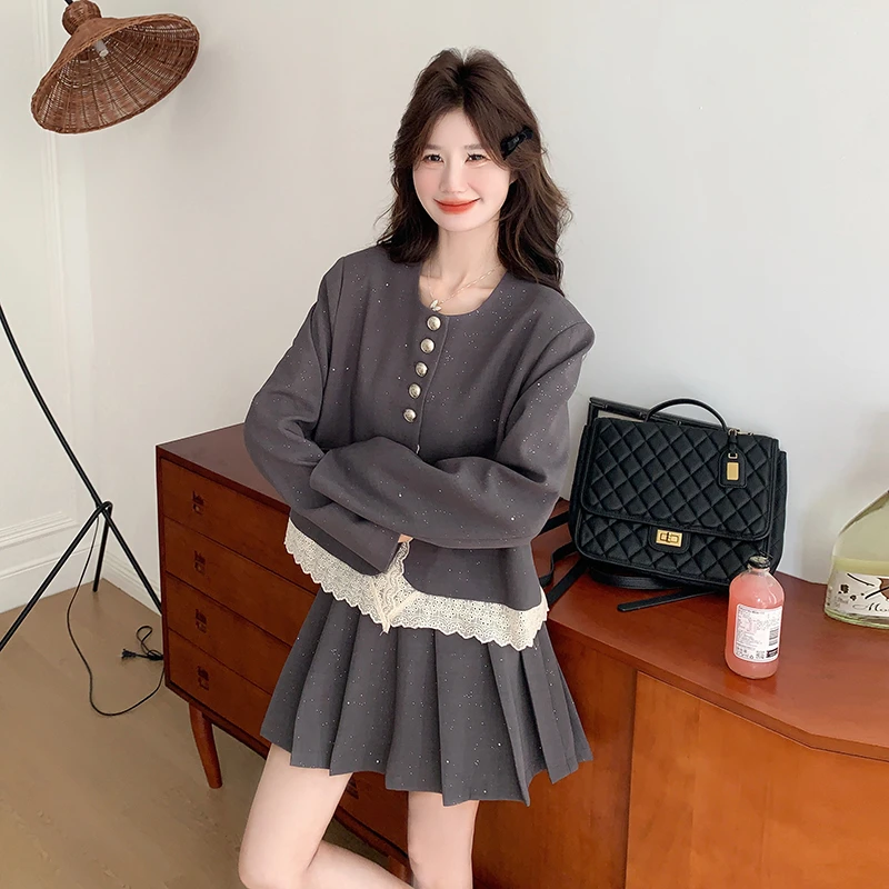 蕾丝拼接小香风外套半身裙套装女显瘦气质时尚百褶裙两件套学院风
