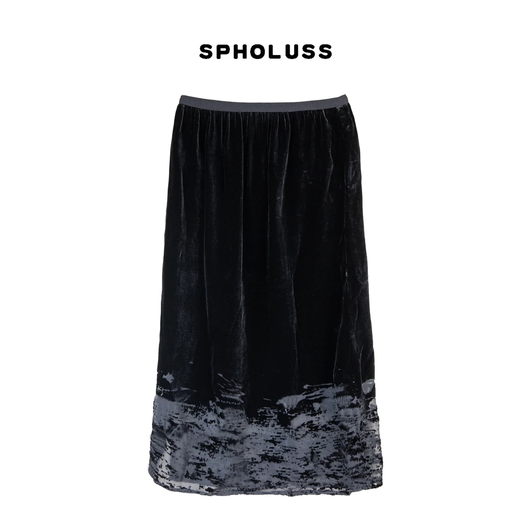 【丝芙玉禄】（K272）真丝丝绒下摆拼接蕾丝休闲百搭桑舒适蚕丝半身裙