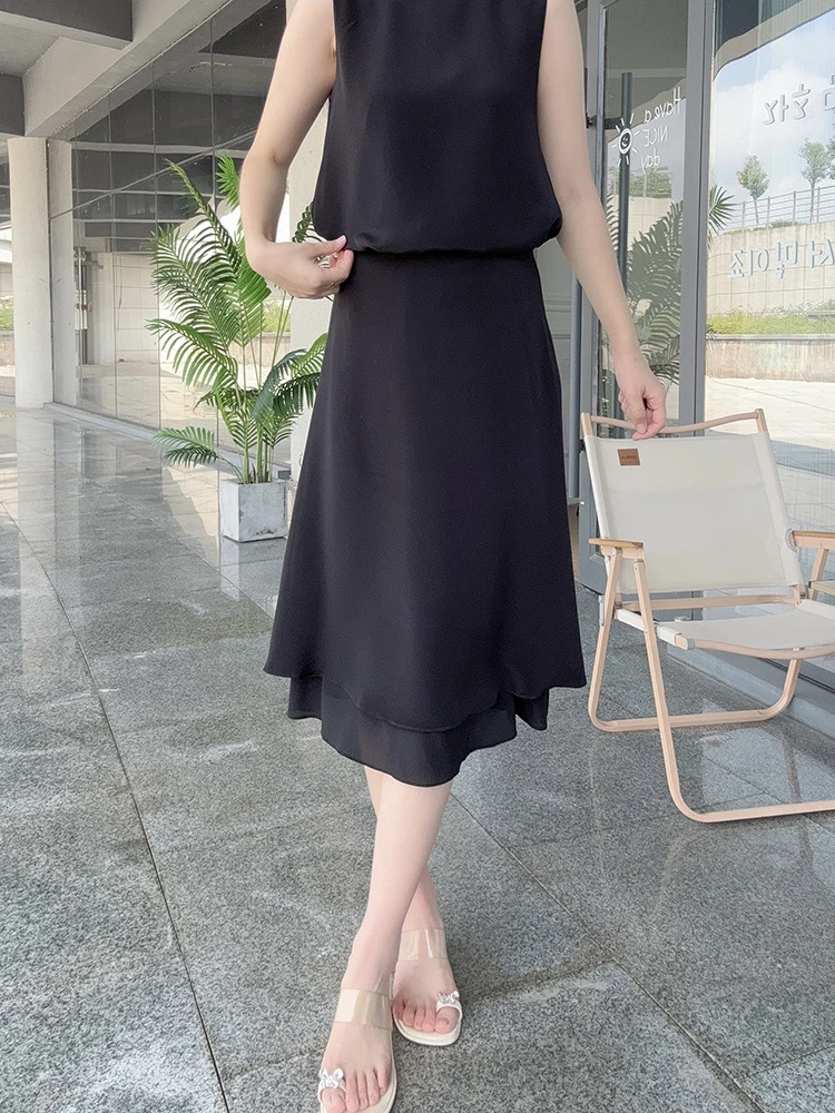 小禾原面料2025夏季新款双层6A级重磅桑蚕丝及膝半身裙女