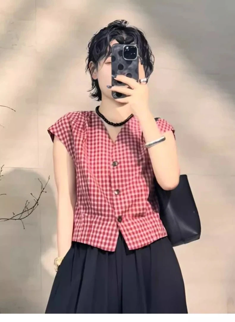 复古格子v领短袖衬衫2025新款女夏季宽松拼色衬衣气质小飞袖上衣
