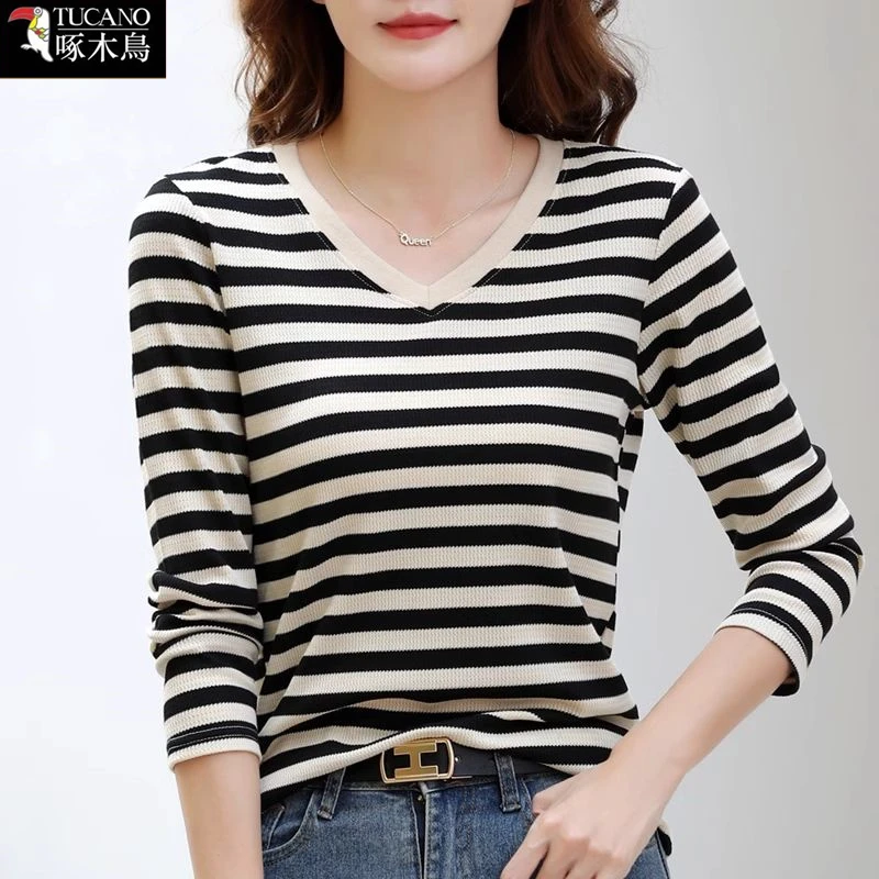 啄木鸟春秋休闲百搭条纹撞色T恤2025年新款长袖遮肉V领设计上衣女