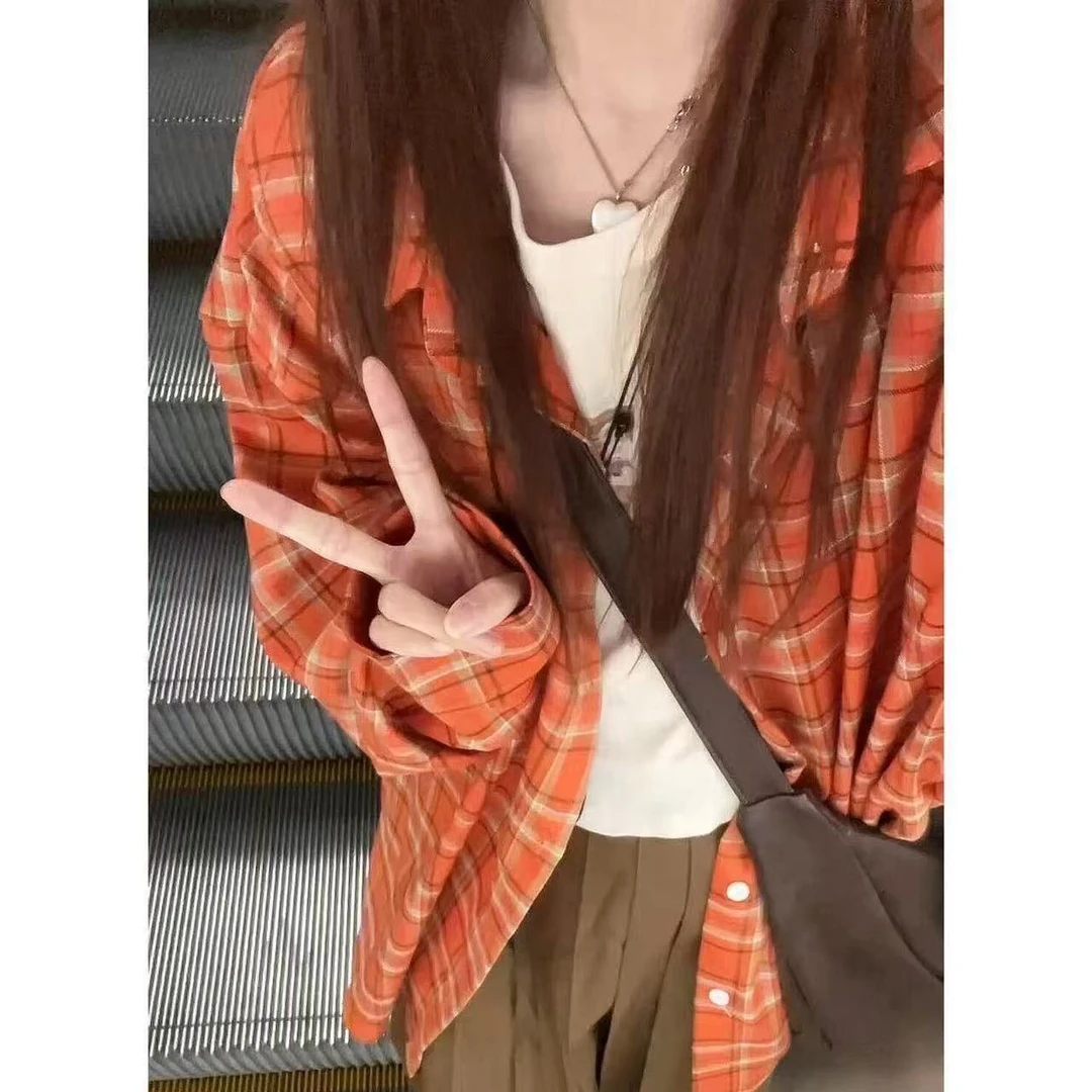 日系清新橙色格子开衫外套夏季新款设计感慵懒宽松百搭长袖衬衫女