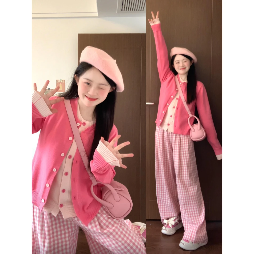 韩系假两件针织衫阔腿裤套装女春季新款甜美休闲气质高级感两件套