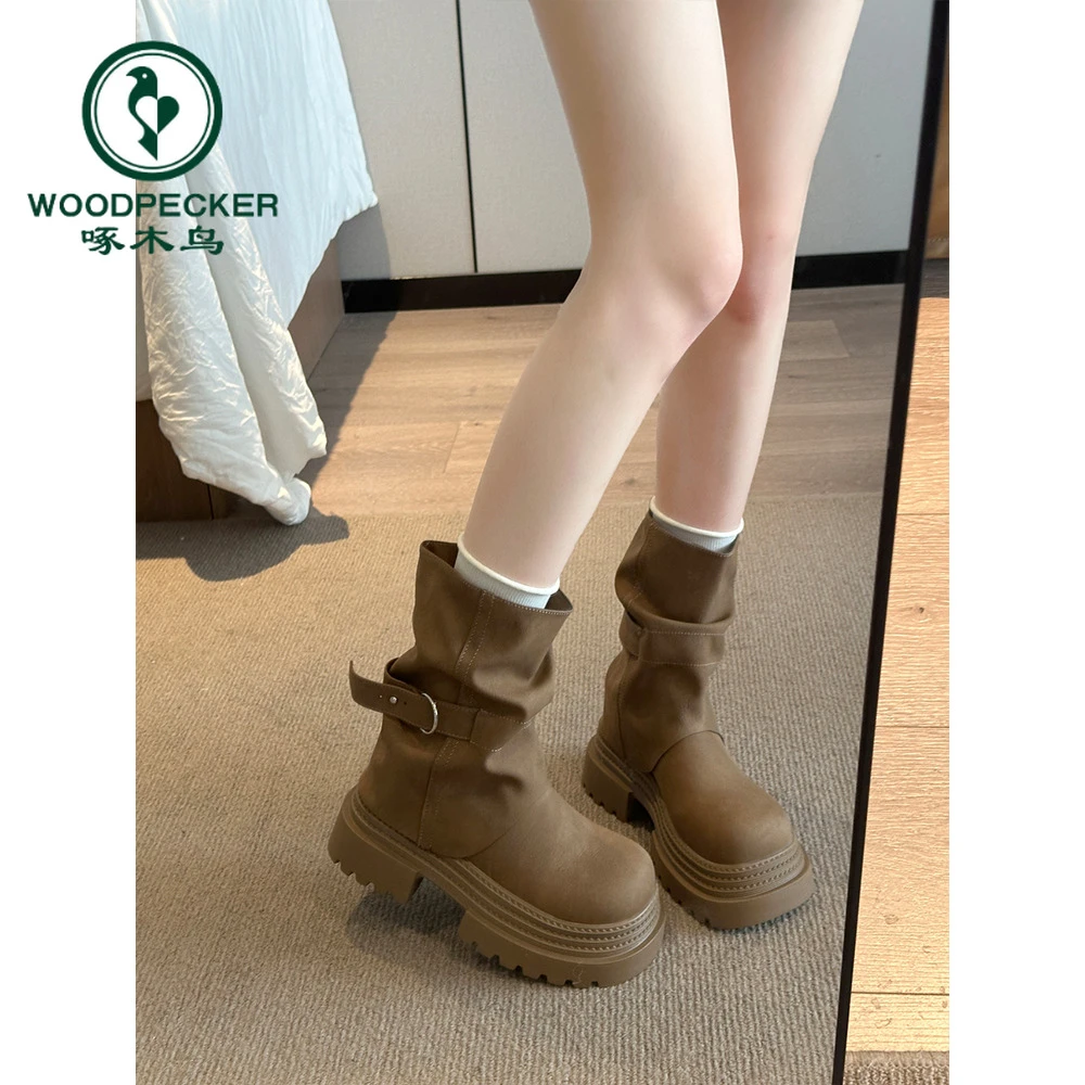 啄木鸟复古厚底美拉德短筒马丁靴女2025秋季新款棕色英伦风时装靴