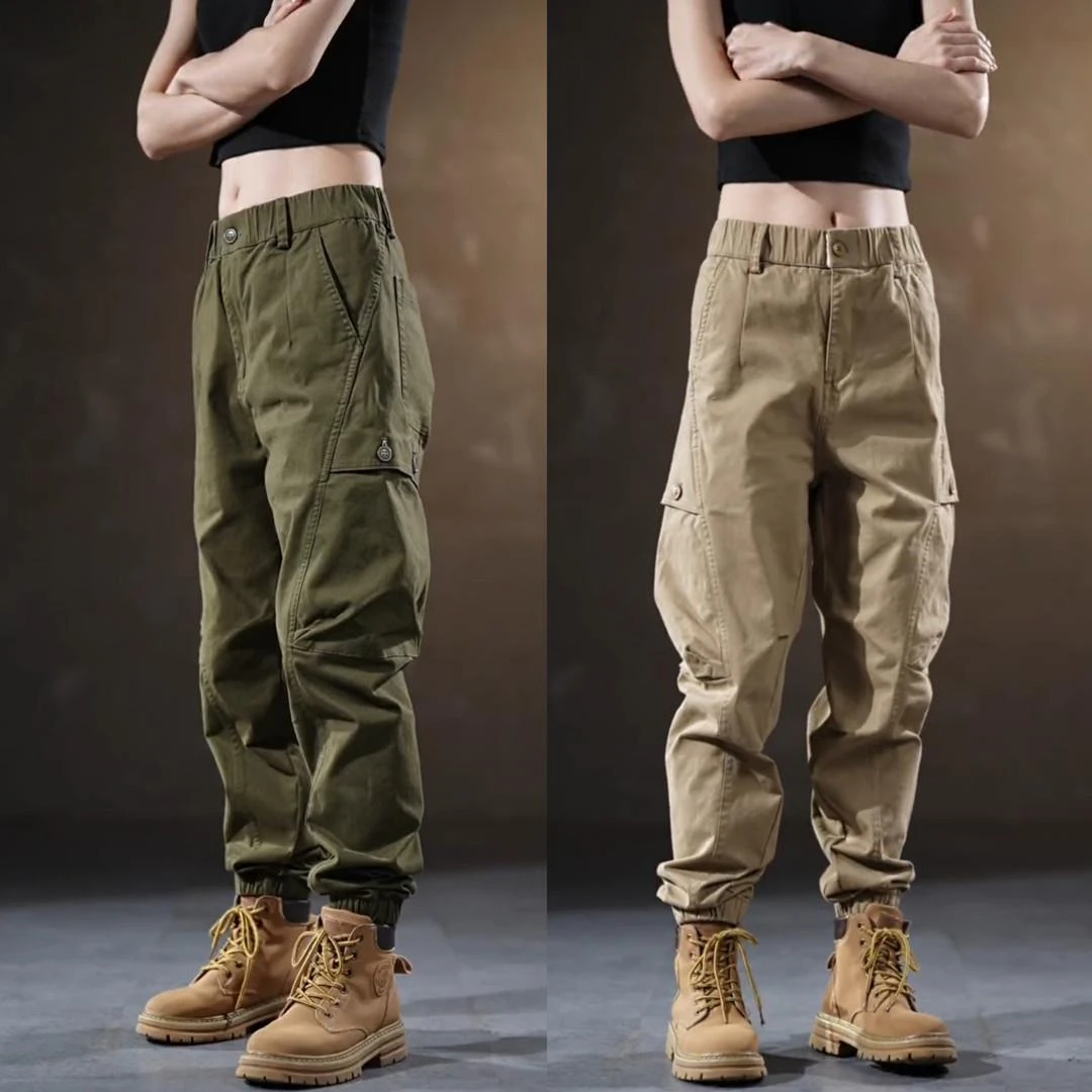 美式复古工装裤男春秋新款潮牌拼接水洗多口袋宽松百搭束脚休闲裤