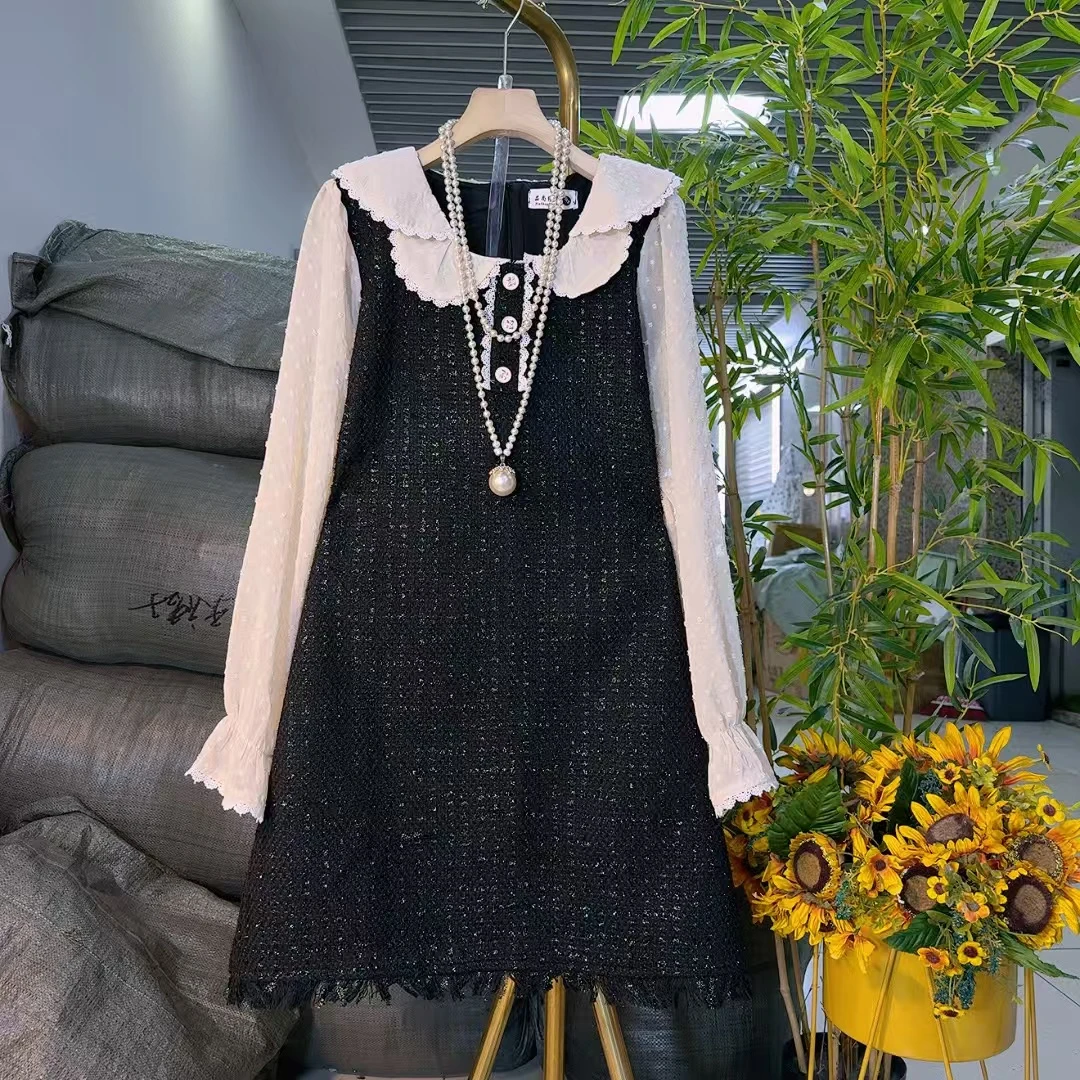 欧货时尚假两件连衣裙微胖大码遮肉显瘦秋季爱美新款小香风61288