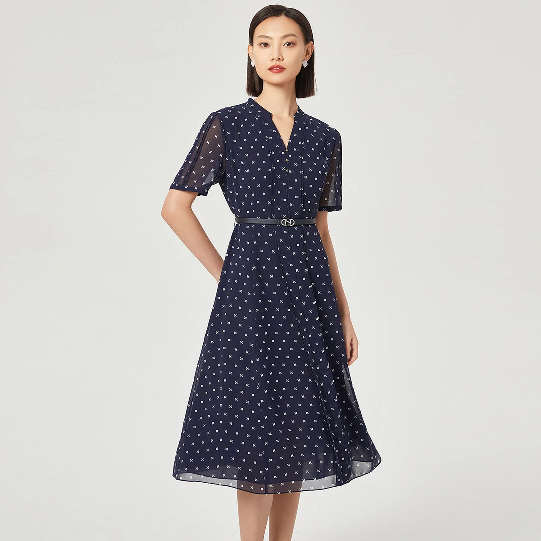 【晨粉专享价】娜尔思简约气质V领波点印花连衣裙2025年夏季新款裙