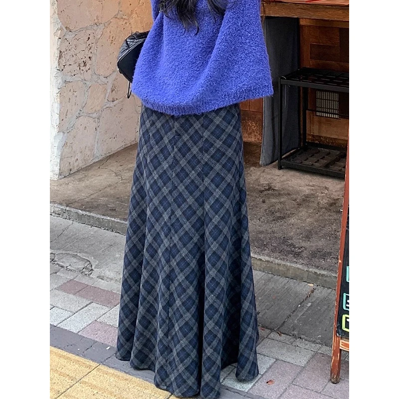 耶古学院风蓝灰斜格纹磨毛半身裙女秋冬新款加厚高腰a字鱼尾长裙