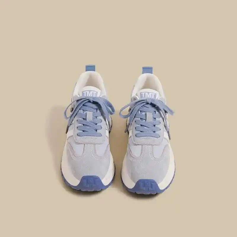 蓝色条纹阿甘鞋女2025夏季新款小个子增高厚底华夫运动德训老爹鞋