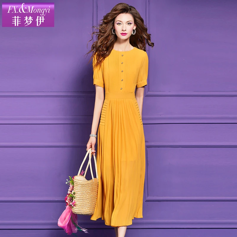 菲梦伊原创设计夏季新款时尚显瘦收腰修身纯色百褶女连衣裙63384