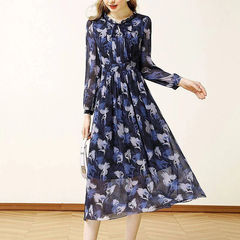 3202#法式优雅印花连衣裙女2025春季新款气质收腰a字裙子