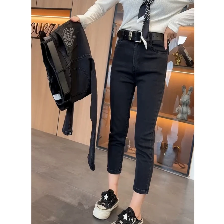 大码黑色弹力牛仔裤女2025秋季胖mm小个子高腰显瘦九分直筒烟管裤