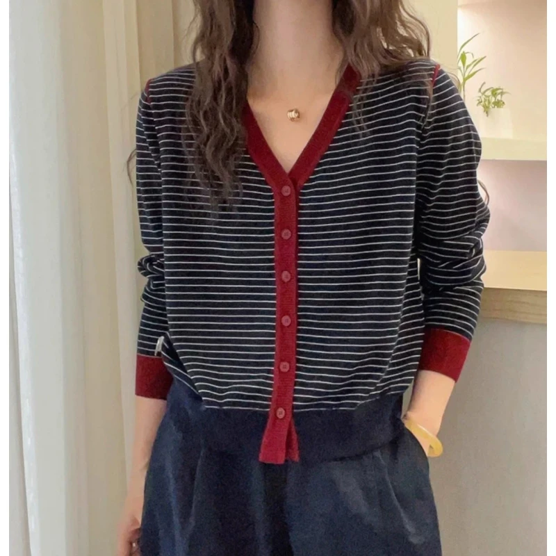 大洋家精品~欧货单排扣V领拼色针织开衫A491