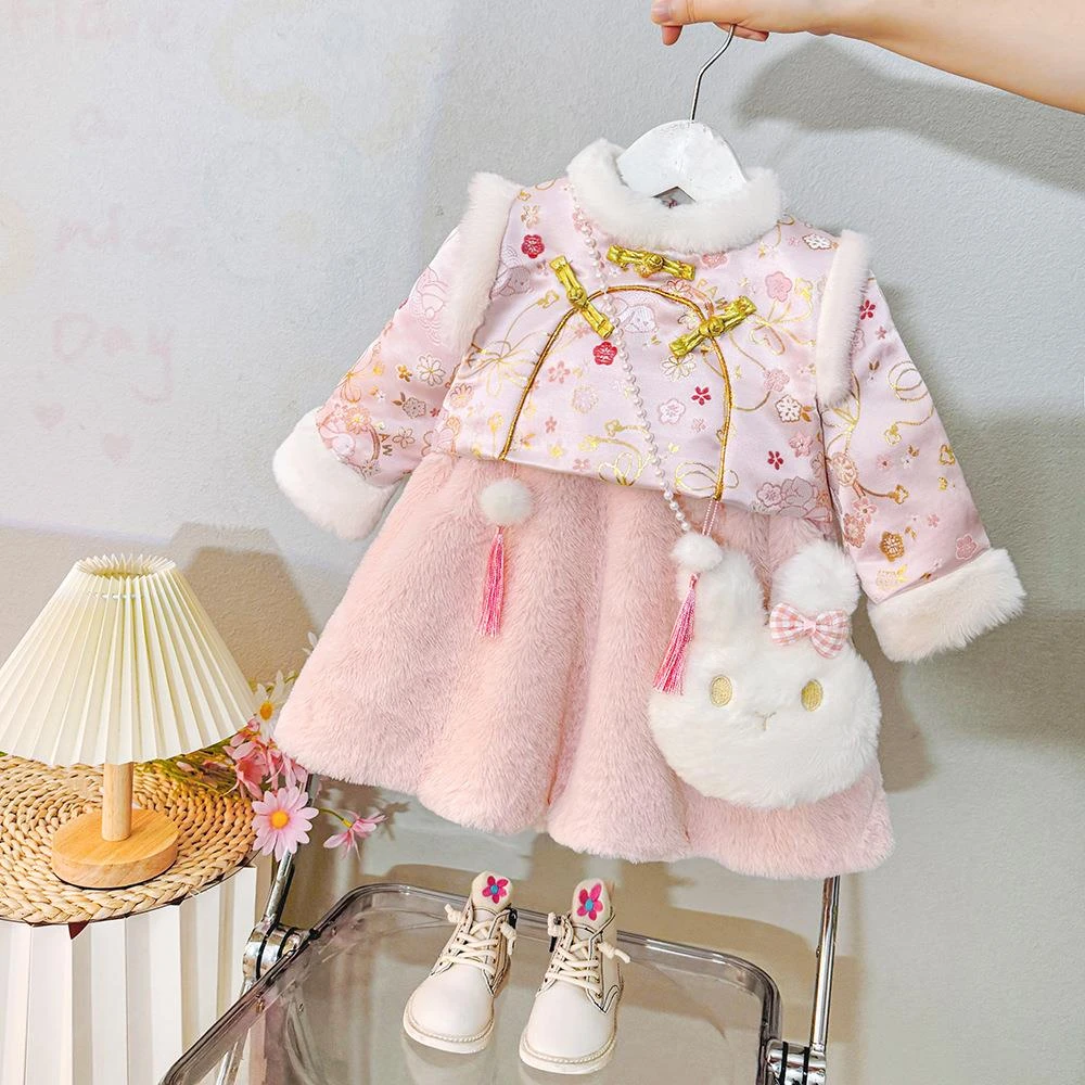 巴拉巴拉童装适用汉服女童冬加绒加厚旗袍小童中国风宝宝公主裙仙