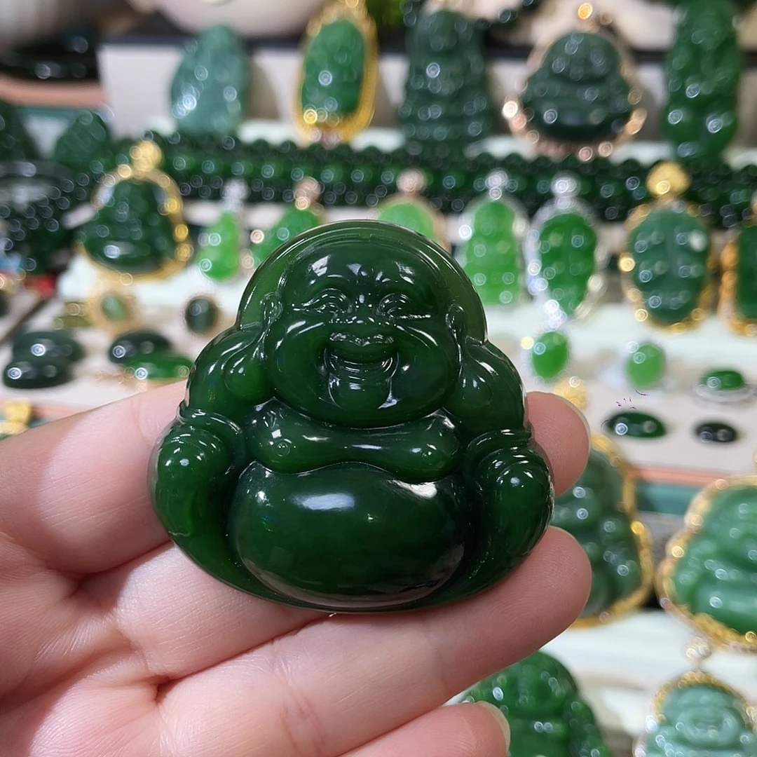 和田玉（碧玉）未镶嵌颈饰辣绿佛公50mm
