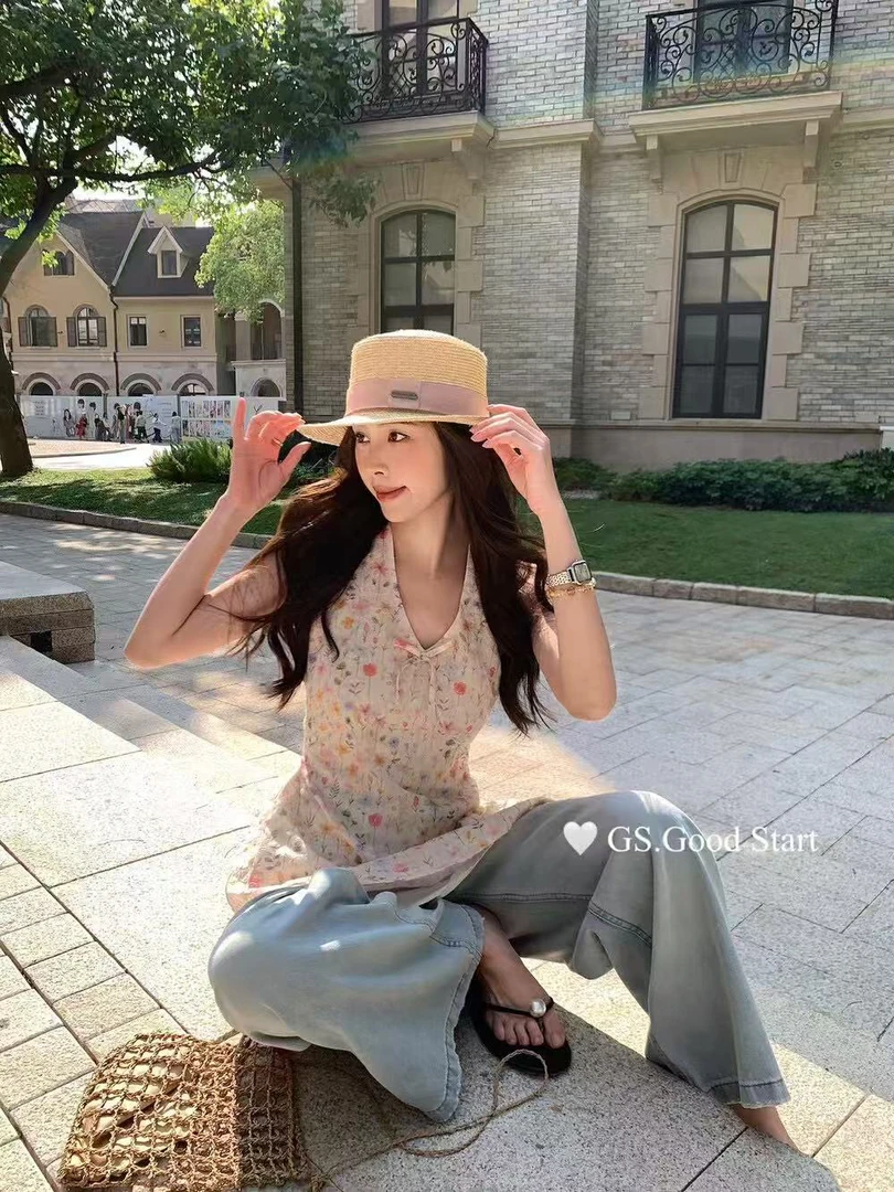 717新款粉花挂脖上衣清仓不支持退拉黑