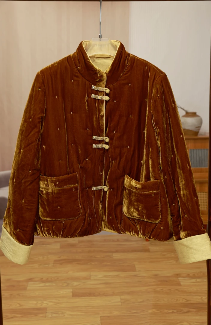 “秋栗儿”立领正肩新中式气质真丝丝绒保暖外套