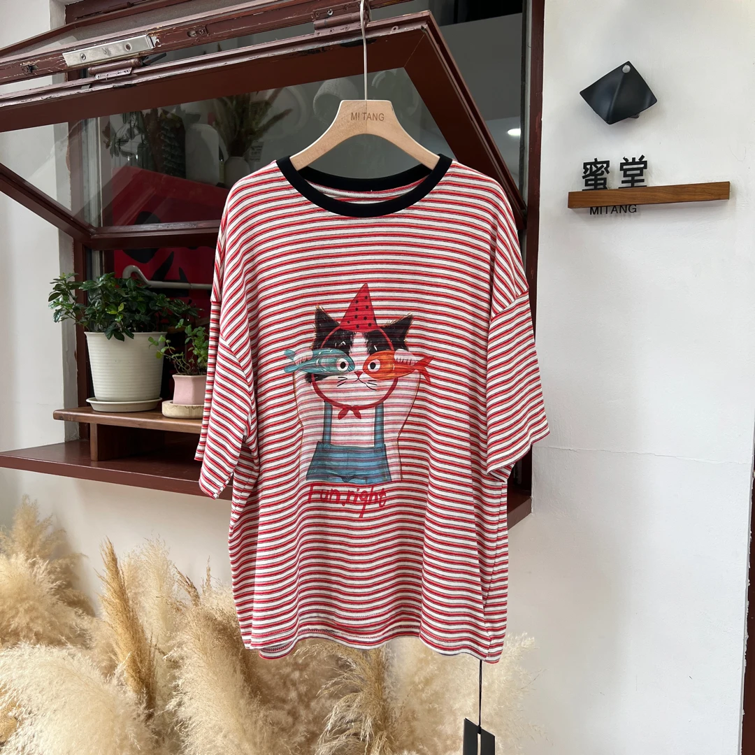 23132卡通大猫咪条纹T恤