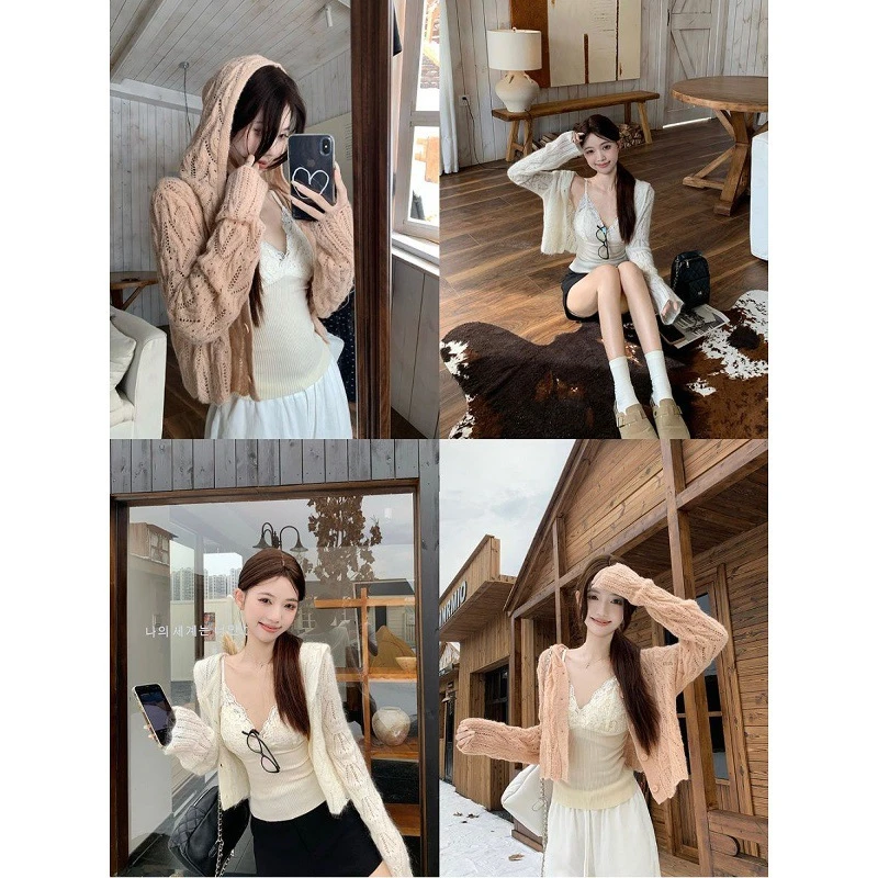 法式温柔风钩花针织连帽开衫毛衣女2025早秋新款时尚纯欲蕾丝吊带