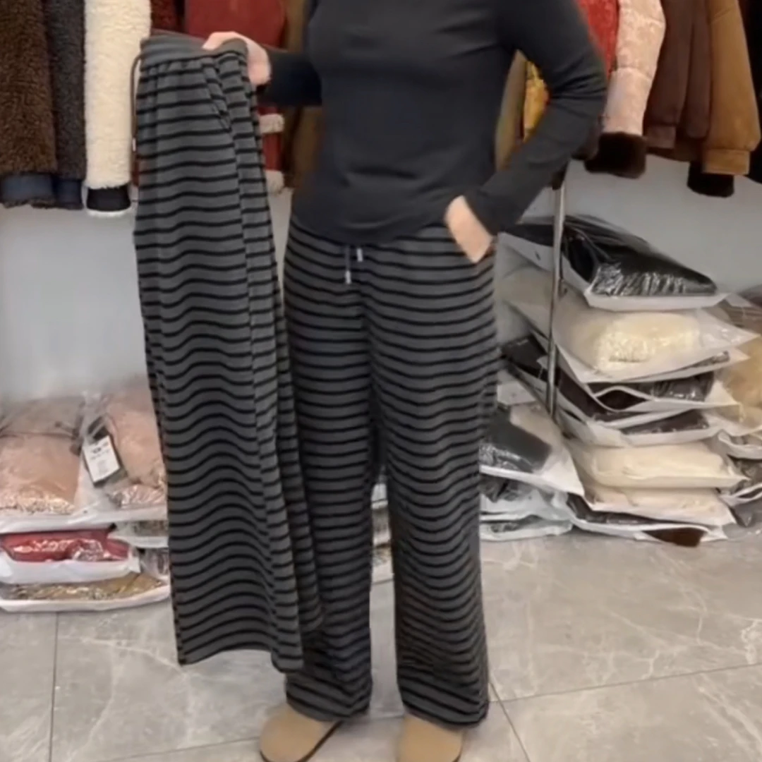 冬季新款高腰显瘦加绒条纹垂感拖地阔腿休闲长裤