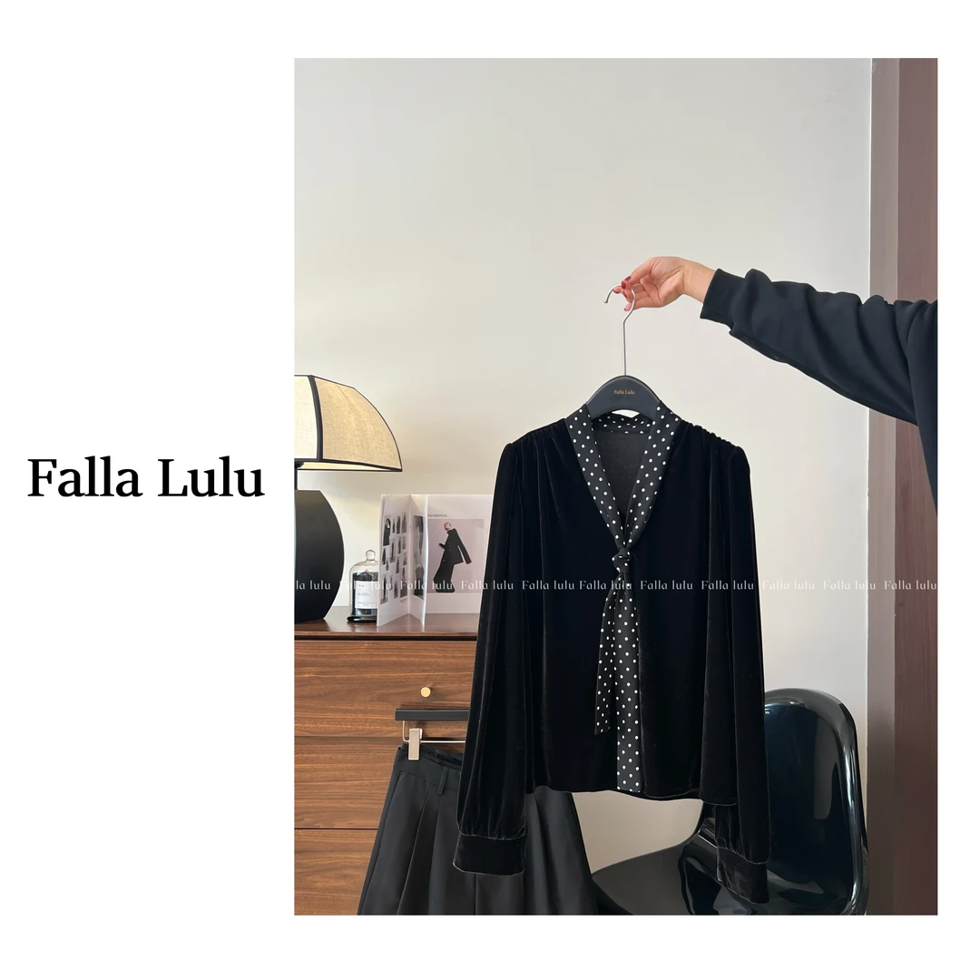 @英子家  丝绒小衫 质感韩系V领拼接波点飘带长袖衬衫上衣  C2377