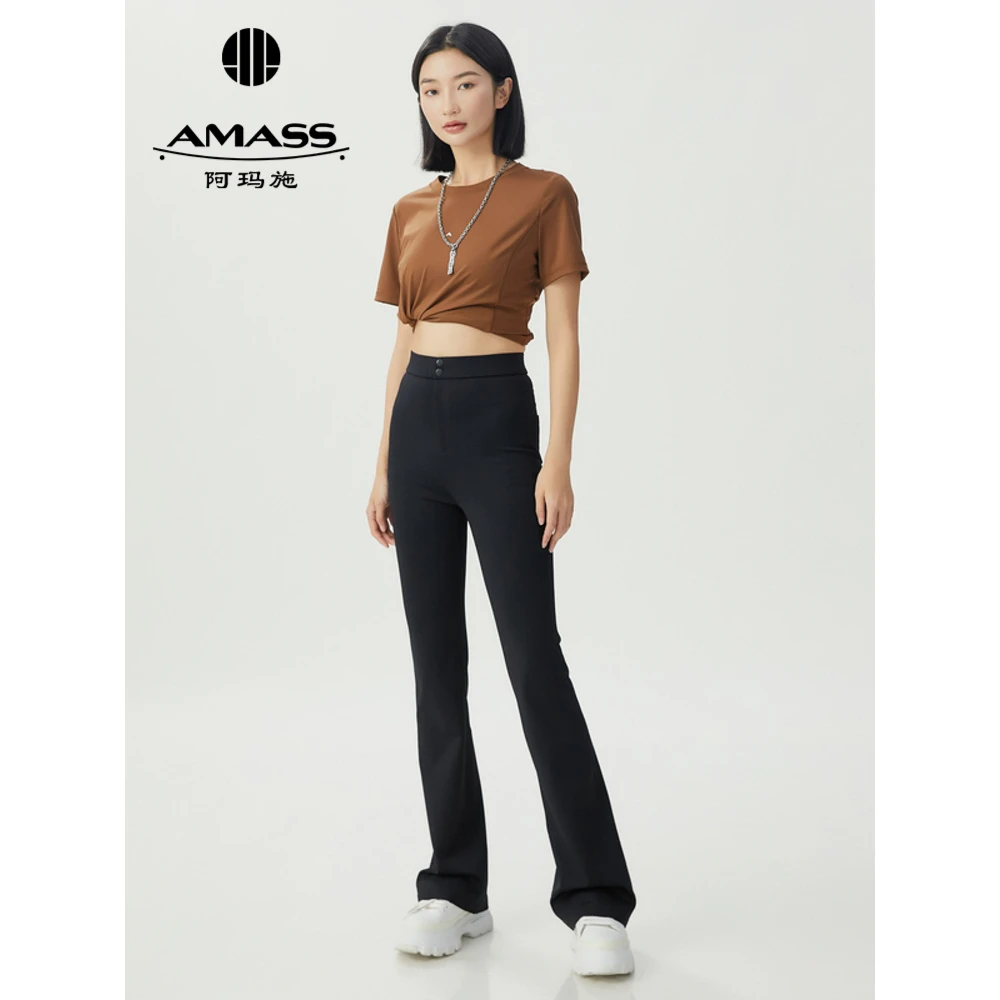 AMASS/阿玛施新款休闲显瘦高腰微喇裤百搭黑色长裤女士5100540