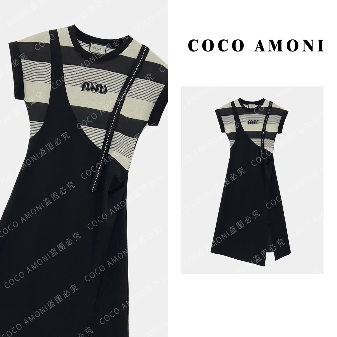 时尚假两件拼接撞色条纹百搭潮流显瘦气质连衣裙ZP311