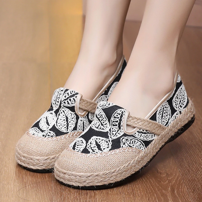 2025春季亚麻编织软底软面舒适民族风布鞋透气百搭女单鞋妈妈鞋