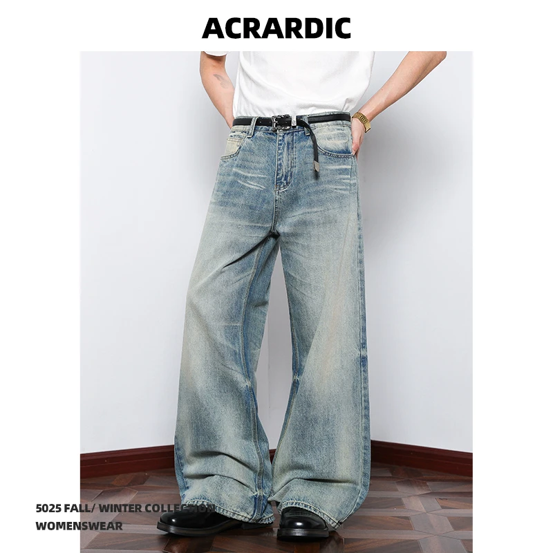 ACRARDIC水洗做旧蓝色牛仔裤男美式cleanfit宽松直筒百搭裤子2025