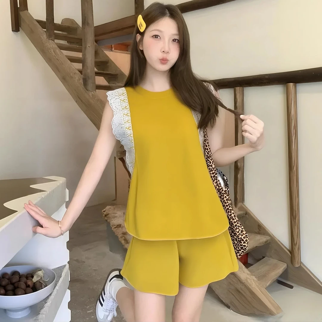 B【两件套】时尚简约休闲套装2025夏新款拼接蕾丝上衣短裤套装D2960