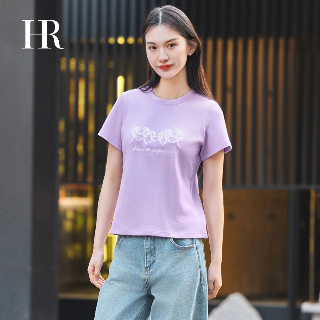 【HR赫莲娜】设计感字母绣花紫色女短袖夏季宽松百搭显瘦上衣-