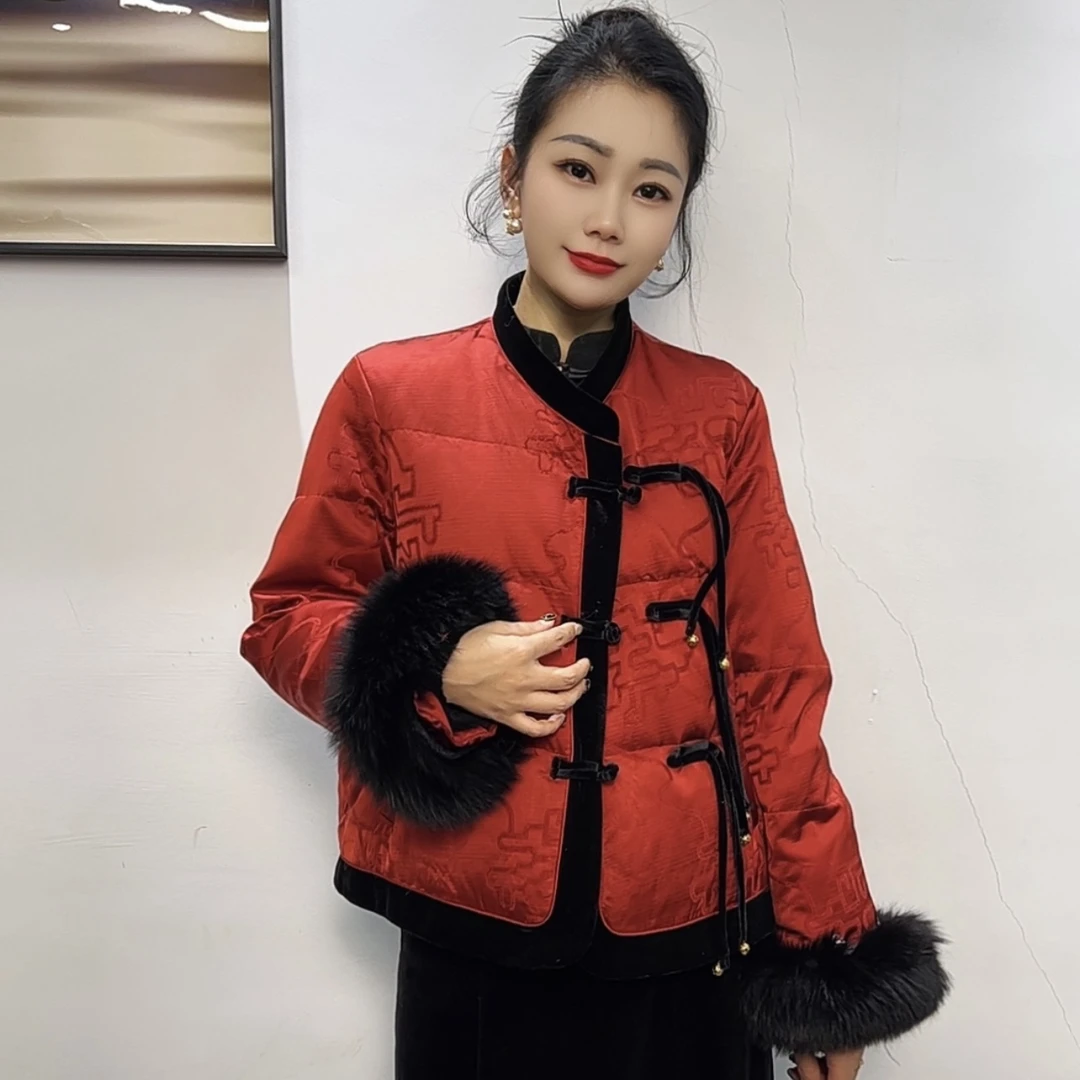 2025新年红90白鸭绒新中式国风流苏盘口袖口狐狸毛女士羽绒服外套