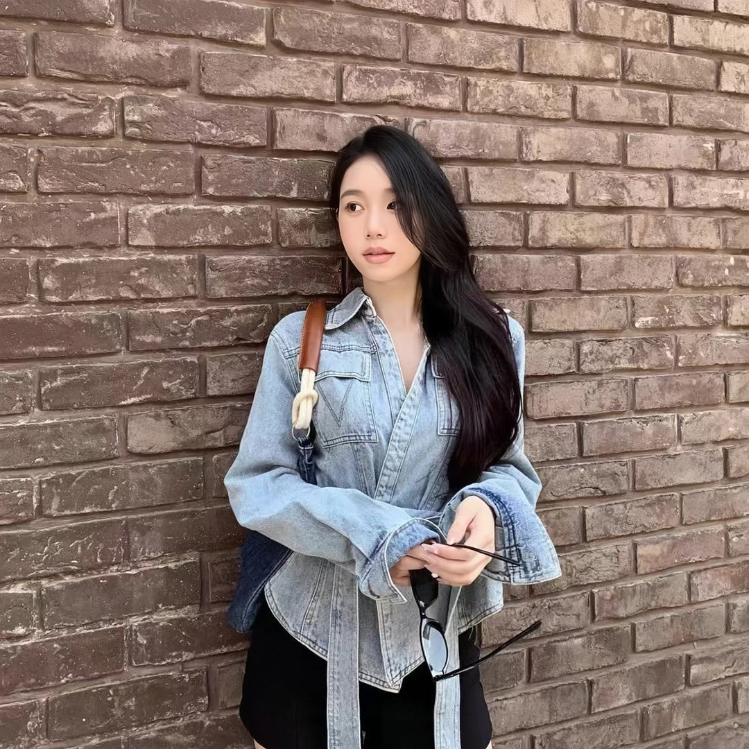 美式复古气质时尚牛仔外套女2025春季飒酷系带上衣外套8697