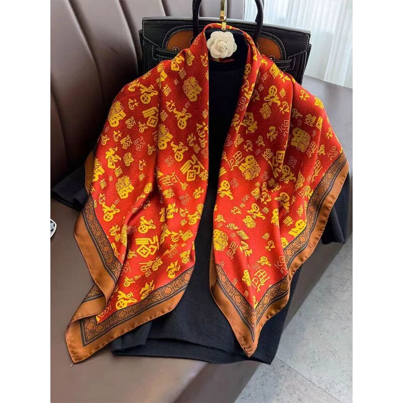 E177 万福图 方巾丝巾围巾90*90大尺寸