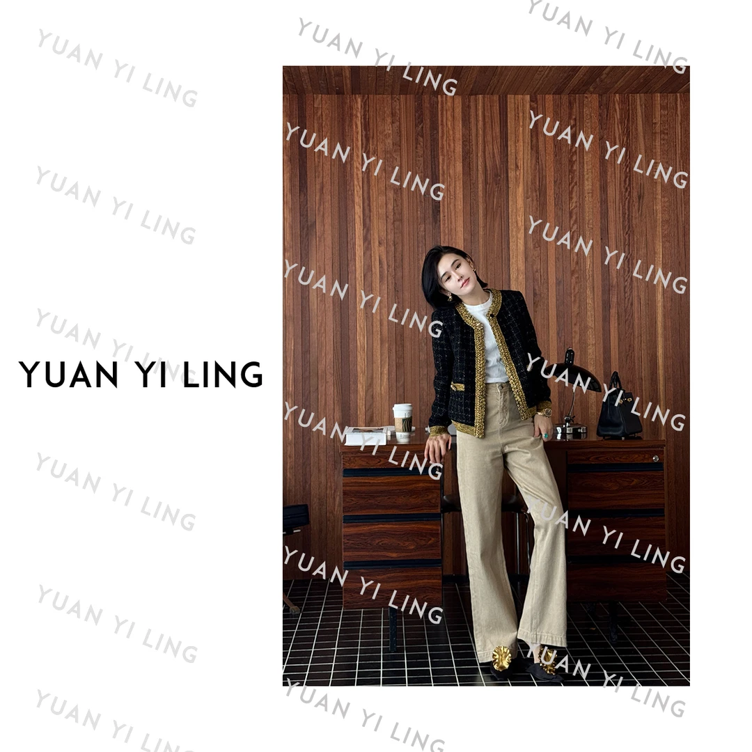 袁艺灵【爱丁堡日记 】25秋冬羊毛黑金撞色小香风设计拼接外套2012