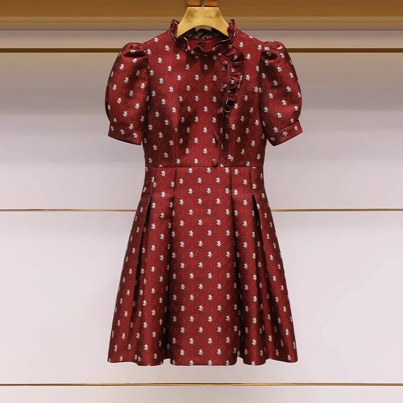 红色连衣裙2024春季新款新中式国风旗袍礼服裙子泡泡袖提花A字裙