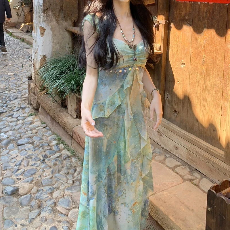 槿一《林间浮夏》吊带气质连衣裙女夏季印花显瘦长裙温柔甜美度假